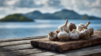 Meticulous Arrangement of Freshly Harvested Garlic on an Aged Wooden Board with a Distant Archipelago Backdrop Highlighting Pure Farmfresh Ingredients and Healthy Culinary Artistry