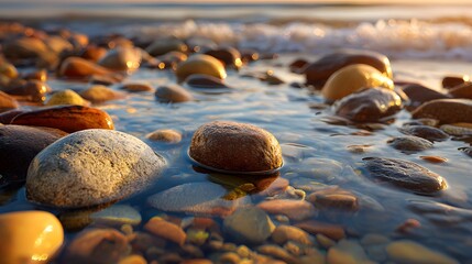A detailed portrayal of a peaceful coastal sunset scene with natural stone textures, gentle sea waves and soft natural lighting across a tranquil shore