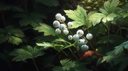 Hyperrealistic Botanical Painting of the White Baneberry Emphasizing Antique Doll Eye Fruit and Vintage Natural Elegance