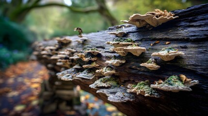 Intricately Detailed Polypores and Bracket Fungi Displaying Natural Decay on a Rustic Tree in Pishiobury Park
