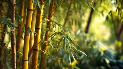 High-resolution serene capture of Phyllostachys aurea bamboo with selective focus, illuminating yellow trunks and tranquil garden foliage for natural elegance