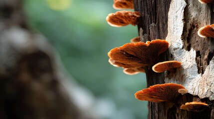 Hyper-detailed Illustration of Bracket Fungi on a Decaying Tree Trunk in a Tranquil Forest Park Setting