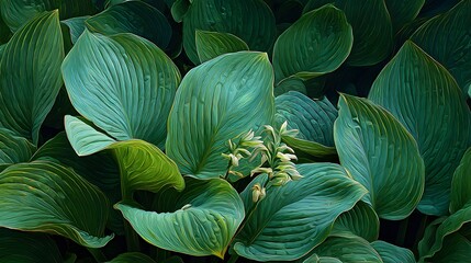 Intricately Detailed Garden Display Featuring Hostas and Plantain Lilies with Radiant Natural Foliage and Fine Artistic Light