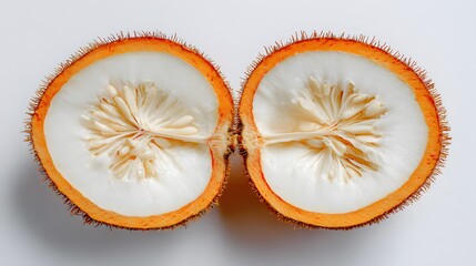 Intricate Top Down Photography of a Halved Santol Fruit Emphasizing White Pulp and Tropical Details on a Pristine White Background with Isolated Cut-Out Technique