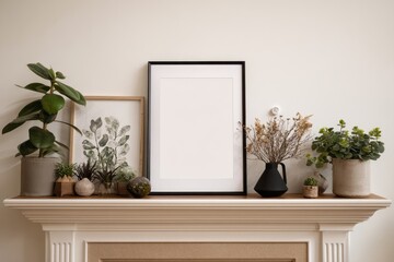 Empty frame positioned on a white mantle surrounded by various plants in a modern living space during daylight