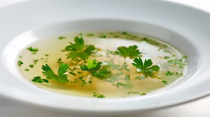 Elegant culinary composition featuring a translucent clear soup bowl garnished with finely chopped fresh parsley on a minimalist white plate with a blurred background.