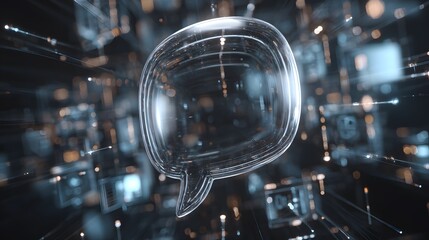 Intricate 3D Render of a Crystal-Clear Speech Bubble Emphasizing Social Media Connectivity and Futuristic Digital Communication Platforms