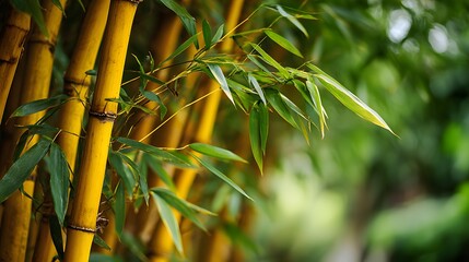 Macro photography capturing the vivid elegance of Phyllostachys aurea bamboo with selective focus, highlighting vibrant yellow trunks and serene garden ambiance