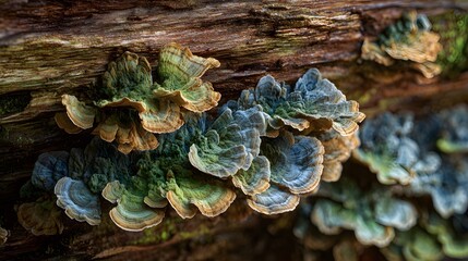 Hyper-detailed Illustration of Bracket Fungi on a Decaying Tree Trunk in a Tranquil Forest Park Setting