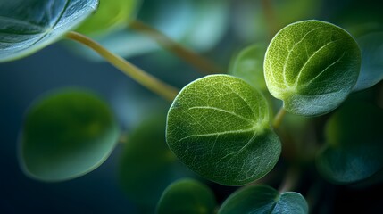 A detailed aerial exploration of the delicate Pilea repens plant showcasing its vibrant textures, soft lighting and natural elegance as a piece of botanical art visualized from an overhead perspective