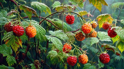 Hyperrealistic Digital Painting of Salmonberries Bush in a Dew-Covered Forest Clearing Illuminated by Luminous Ambient Light