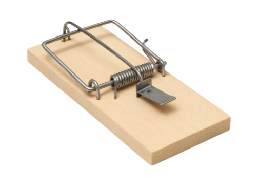 Classic Wooden Mousetrap with Metal Spring, Isolated on Transparent and White Background