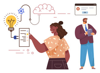 Woman marking checklist with light bulb, cloud, gear man holds tablet next to error message. Ideal for teamwork, innovation, problem-solving, productivity, strategy technology education. Simple