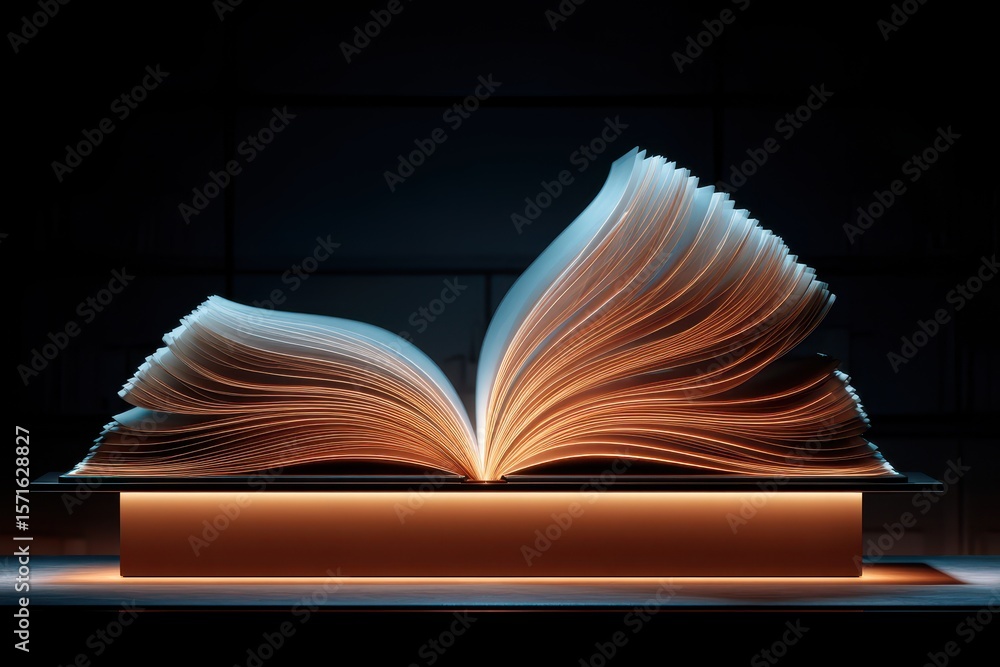 Poster book illuminated on podium in quiet library creating an enchanting atmosphere and inviting explorati