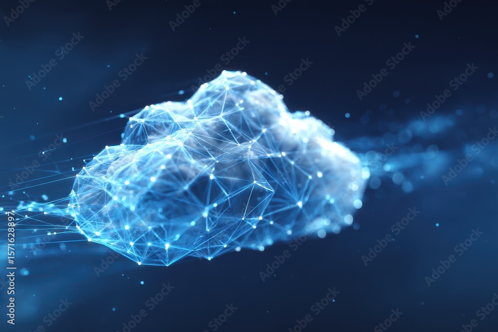 Poster visualization of cloud computing technology representation with connected nodes and digital connecti