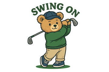 Cute bear character swinging a golf club in a playful pose with a cap and sweater in a vibrant design