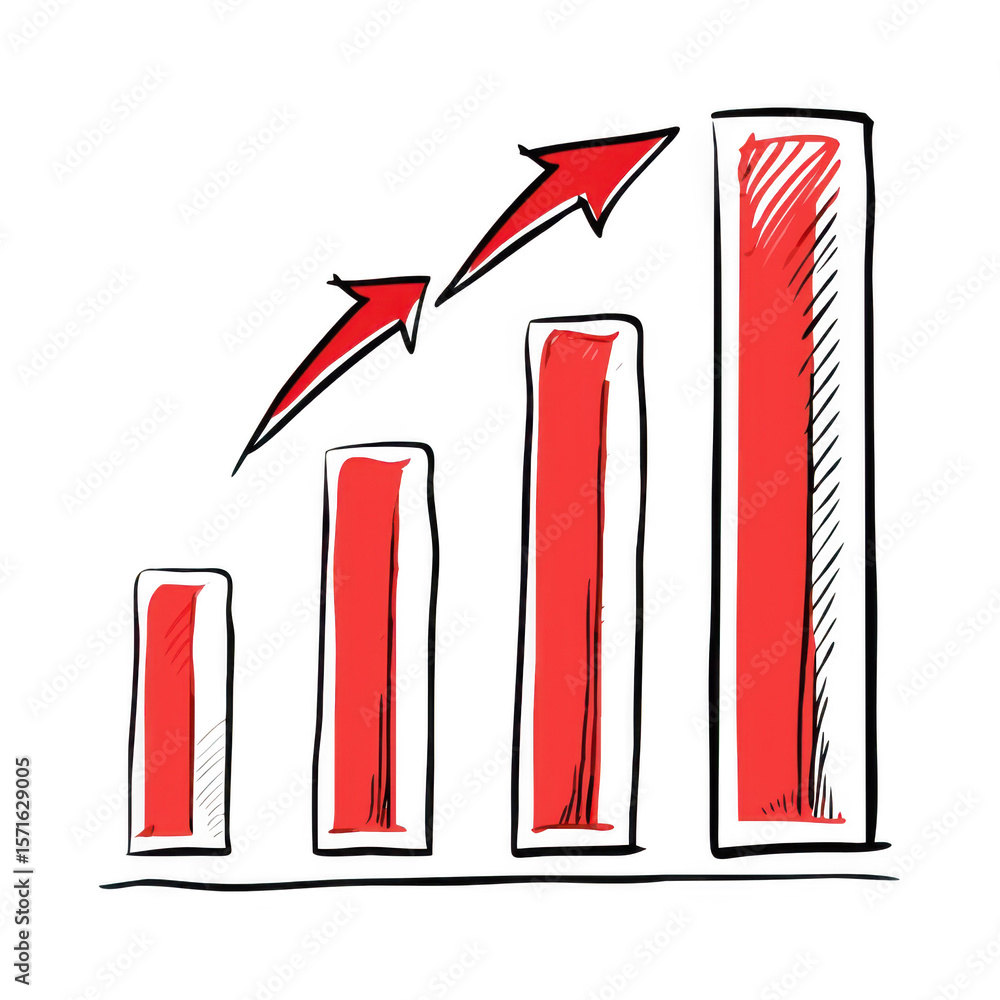 Poster hand drawn red bar graph with upward trending arrows isolated on transparent background