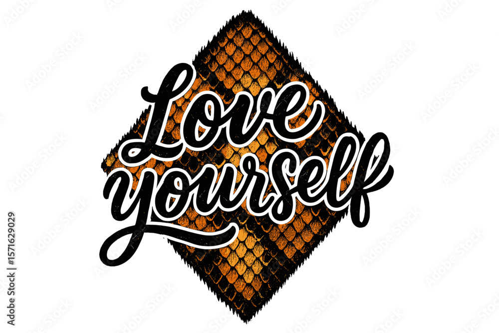 Poster stylish design featuring the phrase 'love yourself' surrounded by a textured diamond pattern with ea