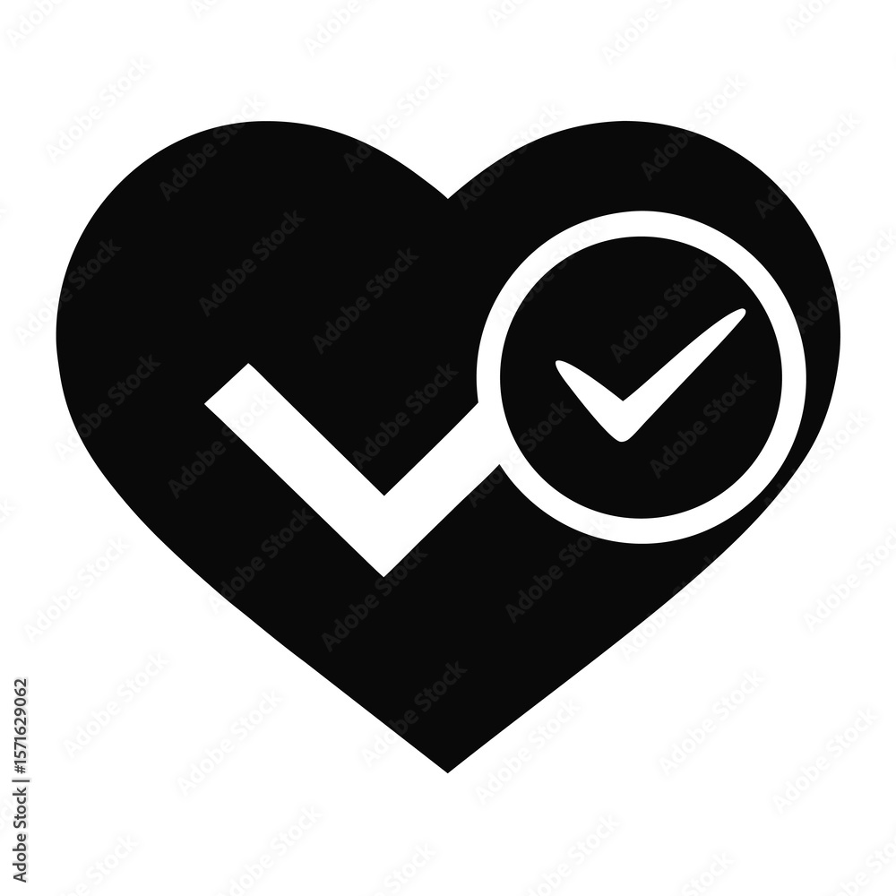 Poster heart with a checkmark inside silhouette symbol for approval success or correctness isolated on whit