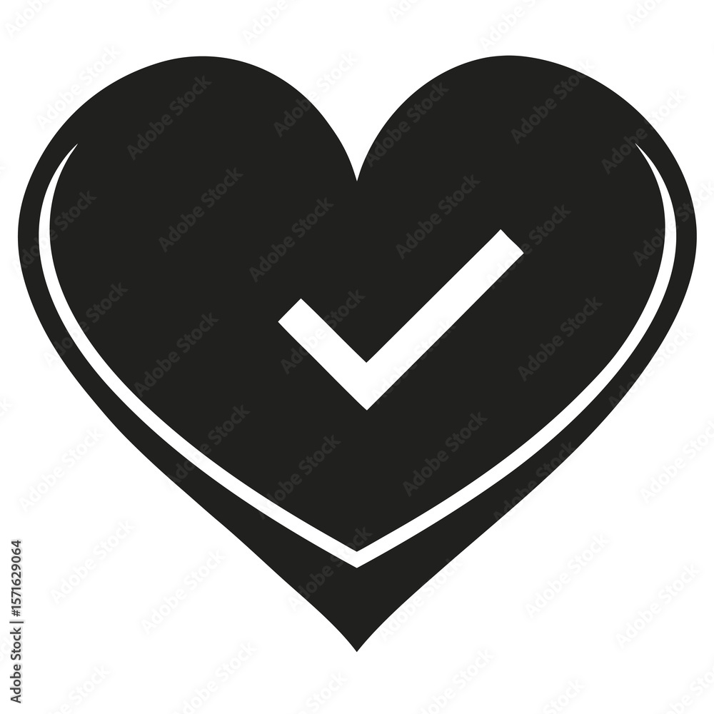 Poster heart with a checkmark inside silhouette symbol for approval success or correctness isolated on whit