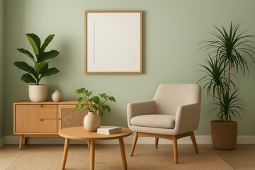 Minimalist living room with natural wood furniture and green walls interior