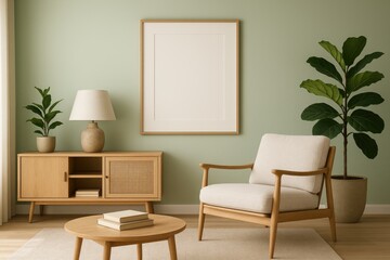 Modern living room with armchair and plants cabinet coffee table