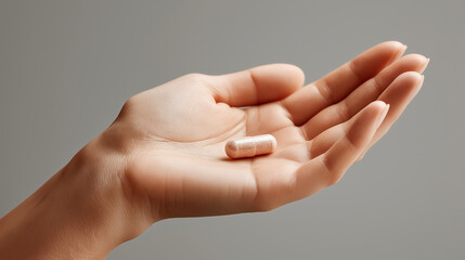 Hand holding natural capsule pill on neutral background, close-up of alternative medicine and organic supplement
