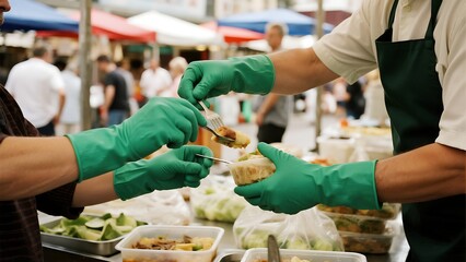 Food vendor wearing green gloves serves a dish at a vibrant outdoor market, showcasing fresh produce and a bustling atmosphere.