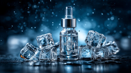 Cosmetic dropper bottle with cooling serum and ice cubes, skincare and beauty treatment in cold temperature concept
