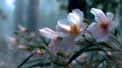 Misty forest, delicate pink blooms, serene nature scene, wallpaper