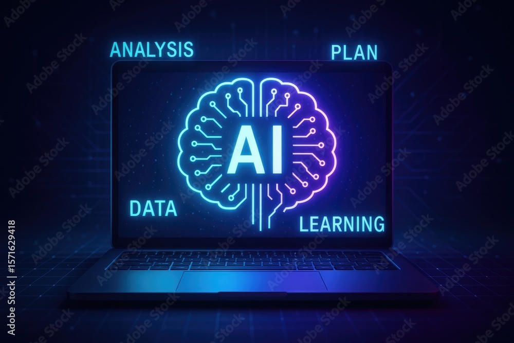 Poster neon ai brain projection laptop analysis data learning plan artificial intelligence