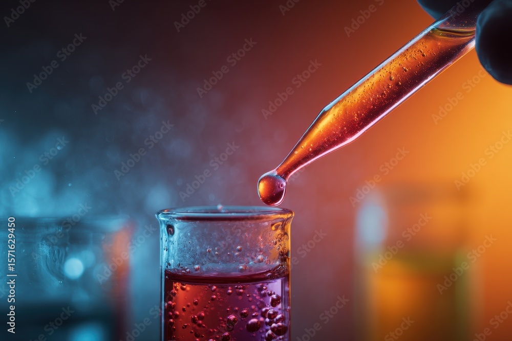 Poster mixing bright colored chemicals in a glass beaker using a dropper in a laboratory setting during an 
