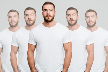 Elegant man model in white t-shirt poses confidently, showcasing modern style and charisma with a multi-layered effect for an artistic collage portrait in a studio setting