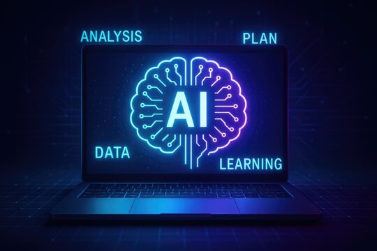 Neon AI Brain Projection Laptop Analysis Data Learning Plan artificial intelligence