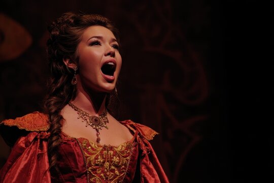 Female opera singer performs passionately on stage during a night show in a grand theater attire, captivating the audience with her powerful voice and exquisite stage presence