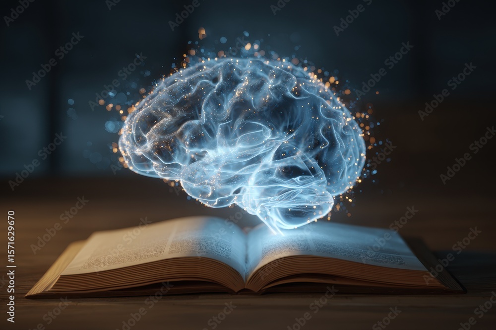 Poster virtual brain emerges from an open book, showcasing the fusion of knowledge and creativity in a stun