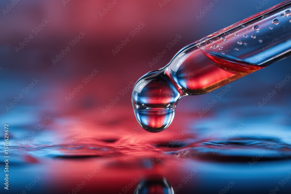 Poster test tube row showcasing liquid drop under reflective surface representing science and medical resea