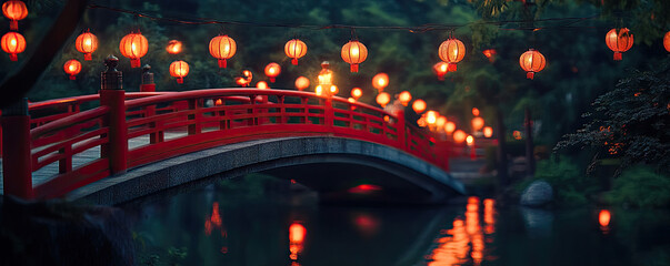 Illuminated japanese bridge with lanterns reflecting in tranquil water at dusk