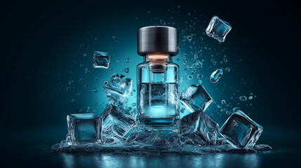 Blue glass vial with transparent serum and ice cubes on futuristic background, concept of skincare and cryo-cosmetics
