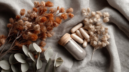 Glass jar with herbal capsules surrounded by dried cotton flowers on neutral background, organic dietary supplements concept
