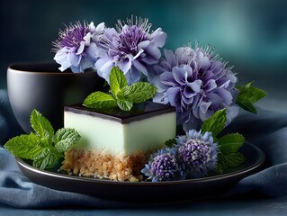 Mint dessert, flowers, tea, dark plate, studio