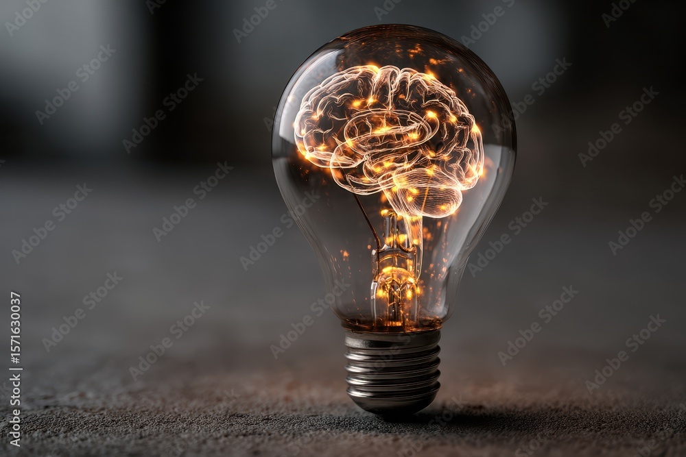 Poster illuminated brain inside light bulb representing innovative ideas and creativity in a conceptual art
