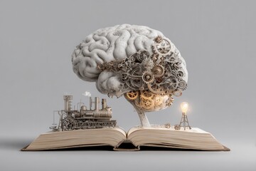 Creative representation of the intersection of education and success with a brain, gears, and a locomotive emerging from an open book showcasing online learning potential