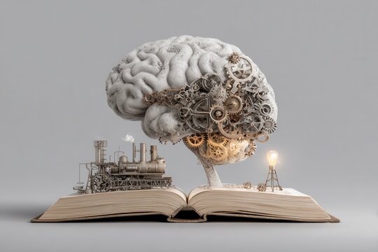 Creative representation of the intersection of education and success with a brain, gears, and a locomotive emerging from an open book showcasing online learning potential