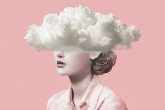 Retro vintage abstract collage portrait of a woman with a cloud above her head conveying a surreal, dreamlike atmosphere