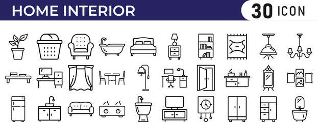 Home Interior icon set. solid style furniture, interior design, and household essentials: sofa, table, lamp, cabinet, plant, curtain, vase, wall art.