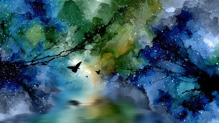 Night sky, watercolor, butterfly flight, tranquil lake, fantasy art