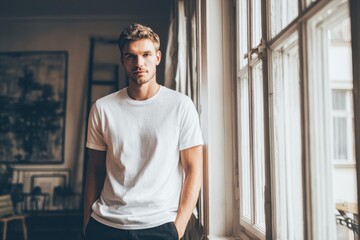 Fototapeta premium Elegant man stands by large windows in a stylish room with modern decor, showcasing a striking collage portrait that highlights his refined presence and confidence