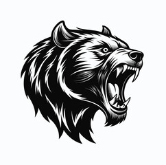 Powerful black and white illustration of a roaring lion s head isolated on white background
