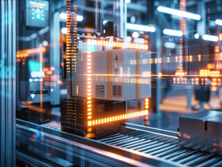 Six-sided package scanner capturing 360-degree product data, holographic scanning lines, packages moving through automated system, high-tech industrial environment, futuristic technology concept